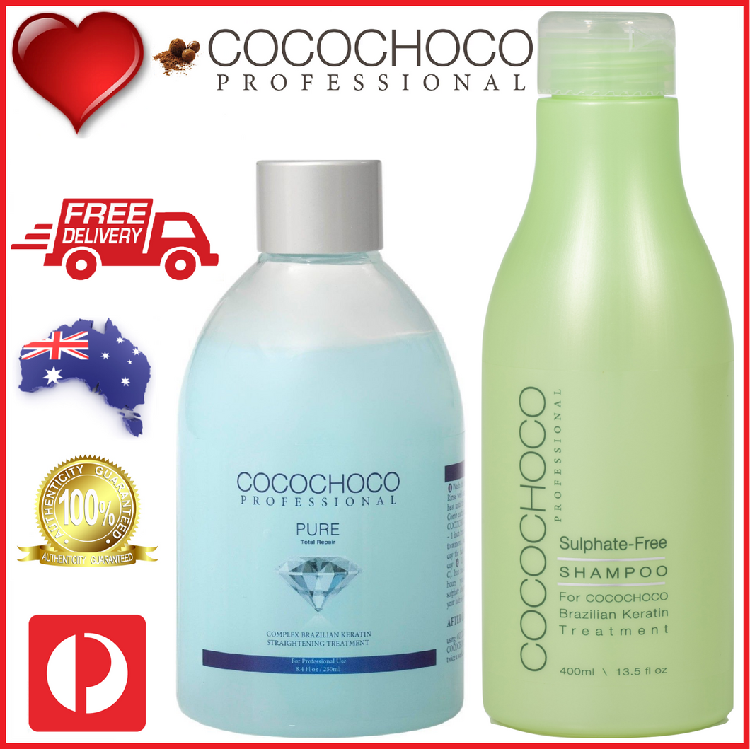 ❤ COCOCHOCO Professional PURE 250 ml Brazilian Keratin Treatment + SULPHATE FREE Shampoo 400 ml Kit